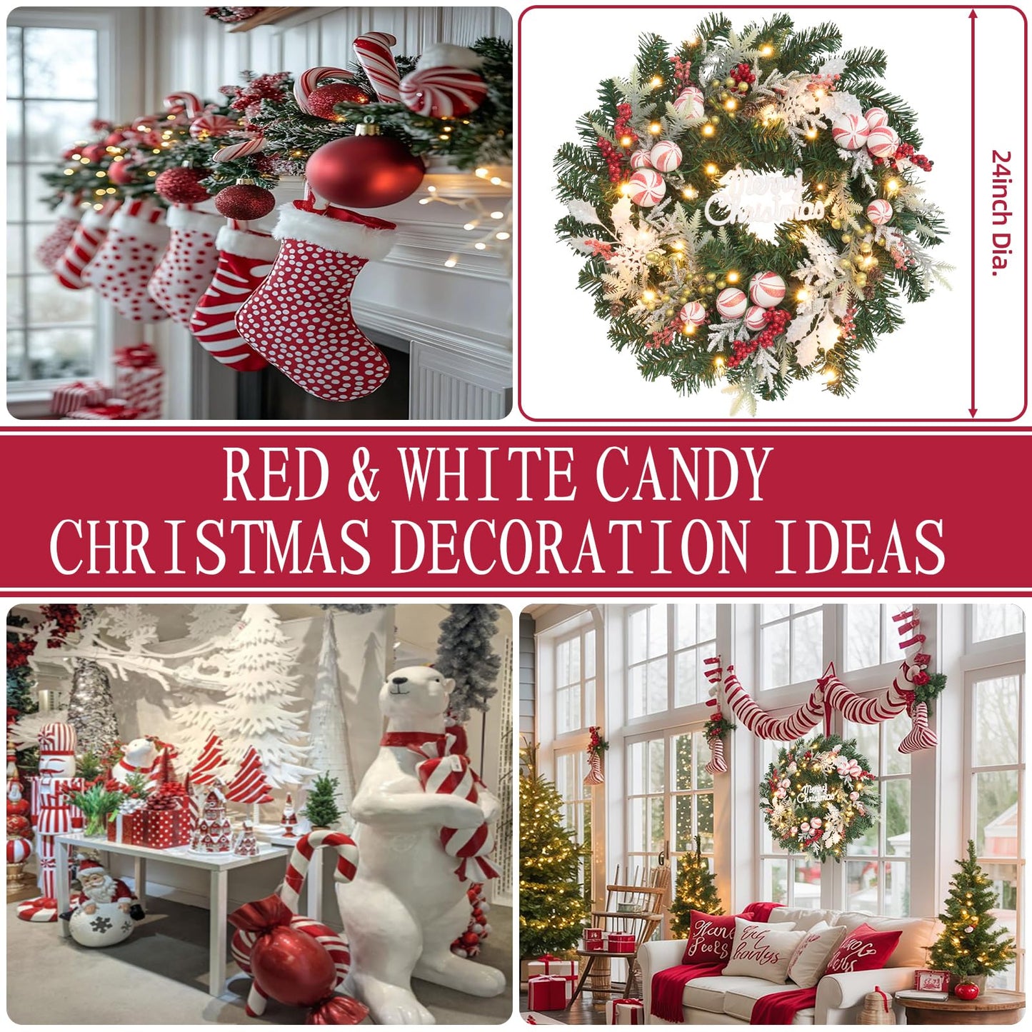 Red White Christmas Candy Wreath with Lights,30 LED with Timer, Lighted Winter Holiday Door,Fireplace Mantel and Stairs Decor,Entryway Decoration,prelit Christmas Wreath for Front Door -22inch