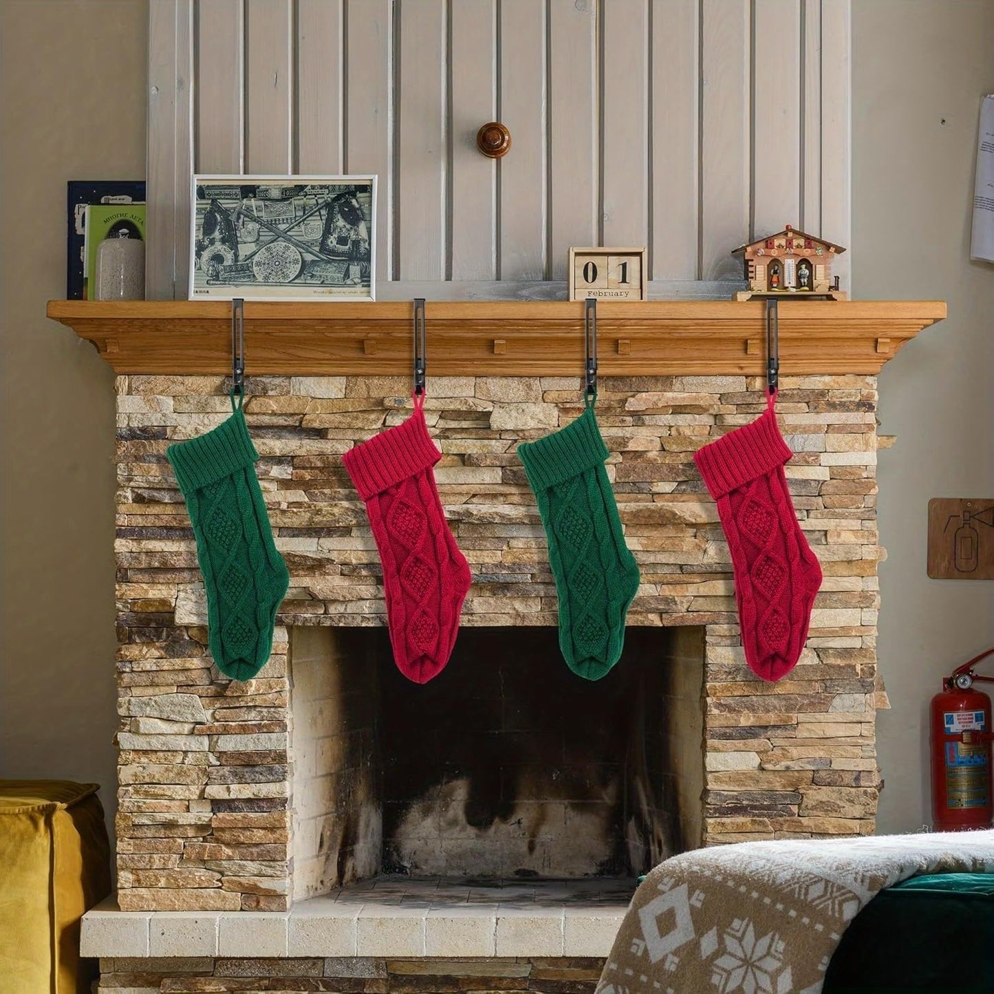 Garland Hanger and Stocking Mantel Holders, 4 PCS Christmas Stocking Holders for Mantle-Adjustable Christmas Metal Hooks Garland Hanger for Hanging Stocking Garland Balls Fireplace Decoration Supplies