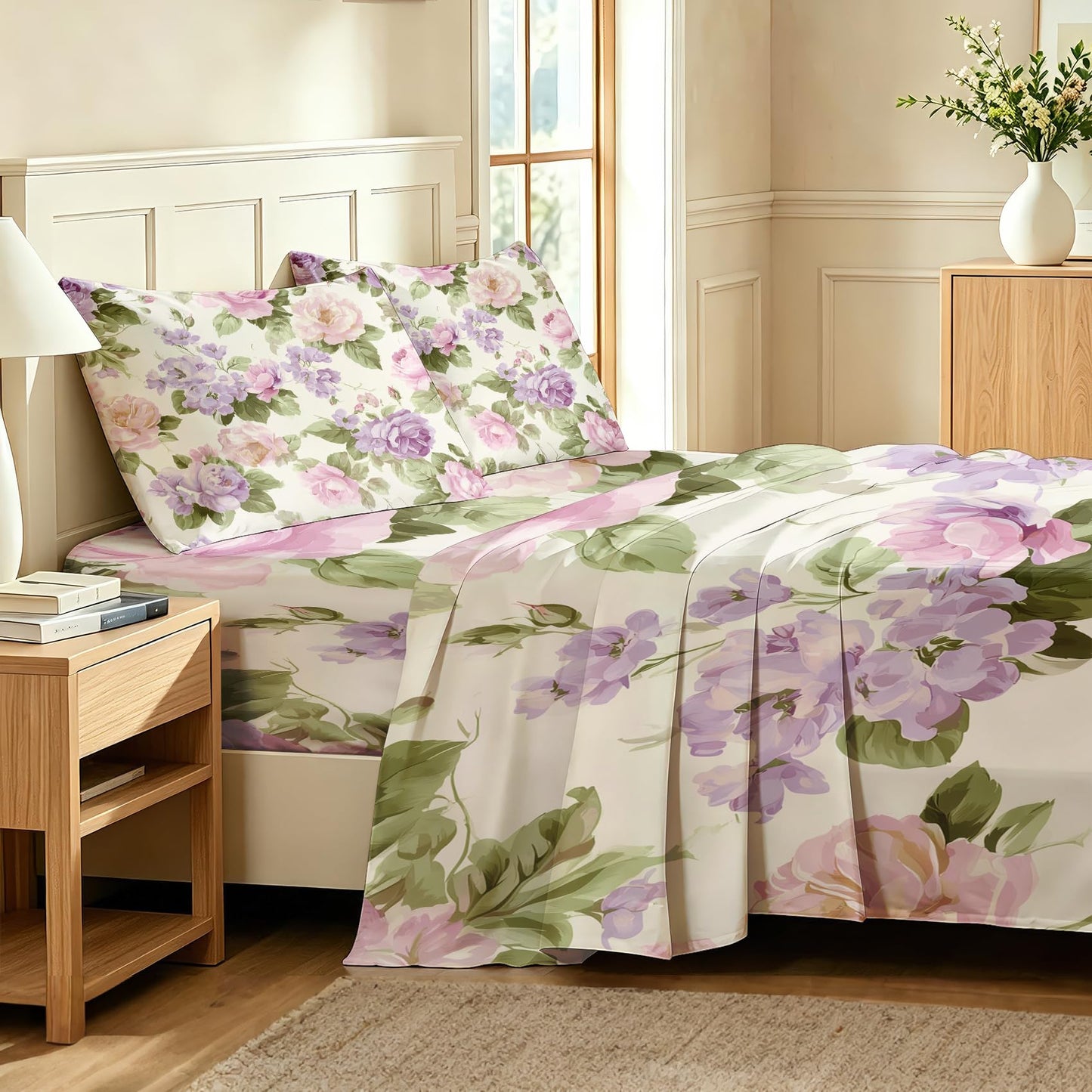 Purple Peony Queen Sheet Set 4 Pcs Watercolor Flowers Bed Sheets