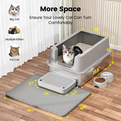Stainless Steel Cat Litter Box - Enclosed XL Metal Kitty Litter Box with Lid for Big Cats, High Sided, Anti-Leakage, Easy Cleaning, Non-Sticky, Included Litter Mat, Cat Bowl & Spoon
