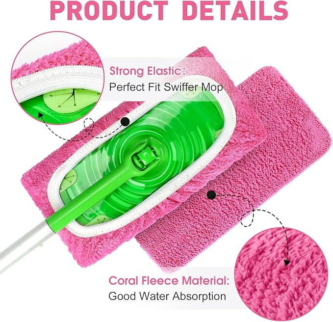 8Pcs Pink Reusable Mop Pads, Microfiber Mop Pads Compatible