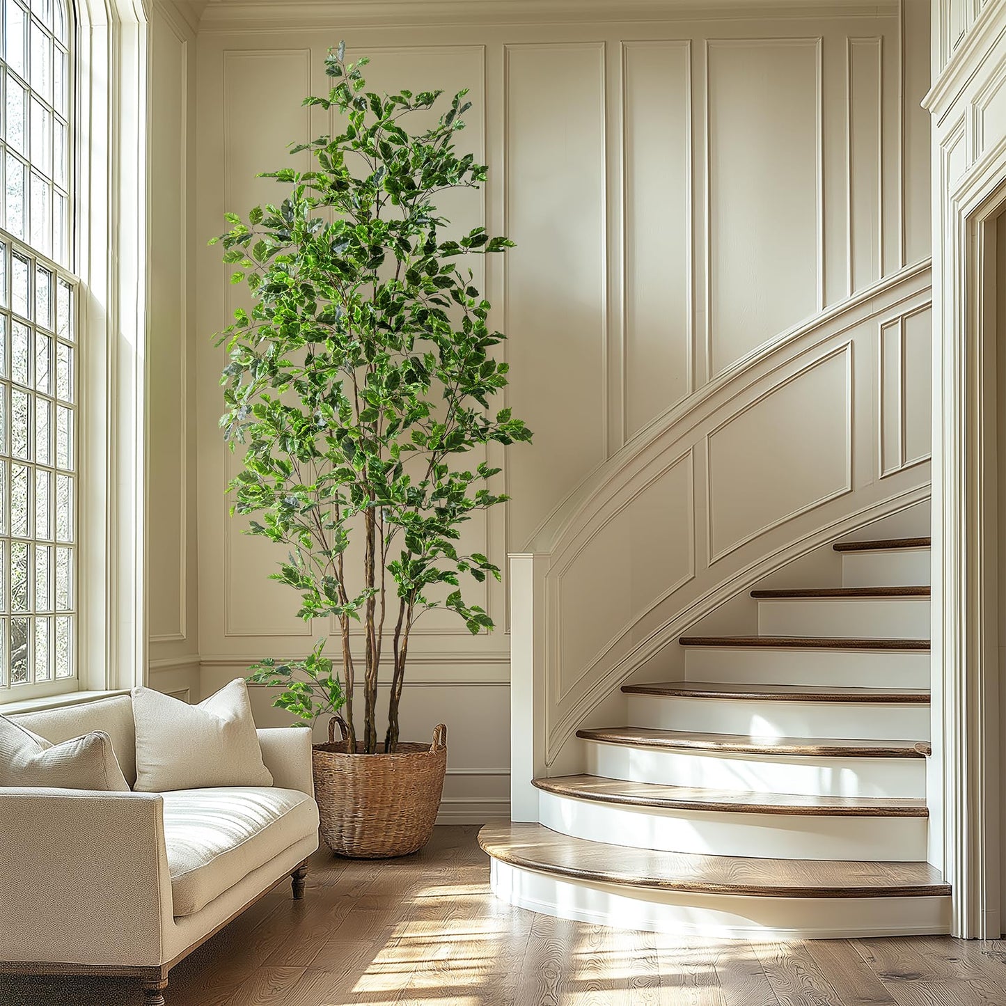 Bailikang Artificial Ficus Tree Indoor 8ft, Large Potted Faux Tree with Realistic Silk Leaves & Trunk for Home Office, Living Room Corner Decor