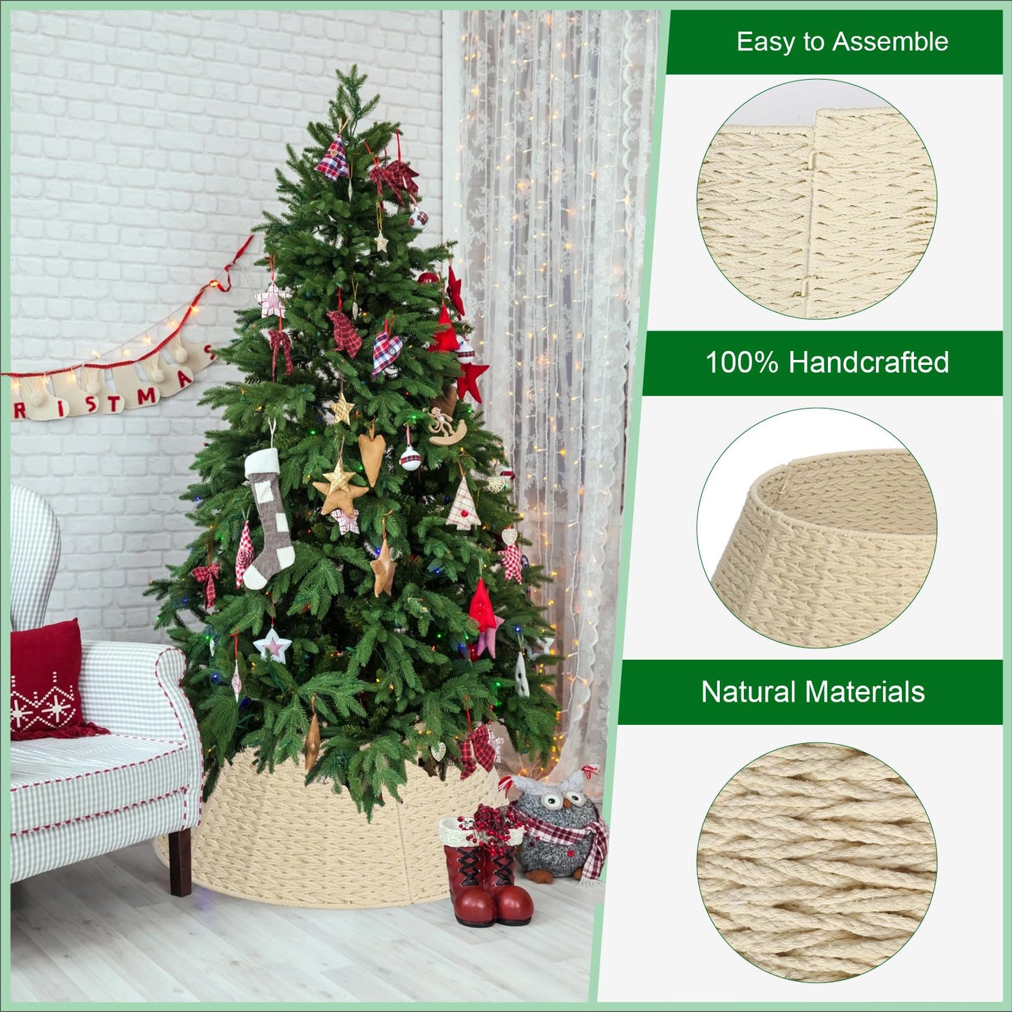 Joyhalo Christmas Tree Collar, 27.5" Tree Skirt Collar for Pencil Tree, Handwoven White Xmas Tree Collar, Woven Xmas Tree Ring, Christmas Tree Base Cover