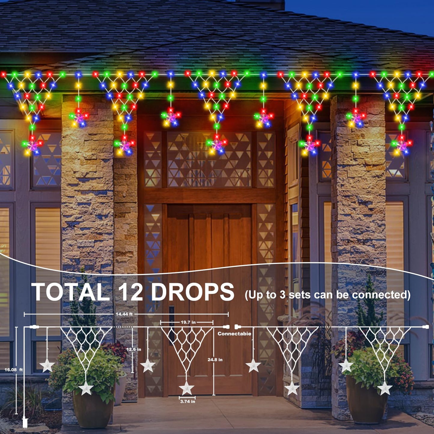 Ramadan Outdoor String Lights Waterproof, 218 LED 13.8FT Star Curtain Fairy Lights with 12 Drops Connectable Clear Wire Christmas Light Decorations 8 Modes for Eaves Yard Wedding Party Holiday Decor