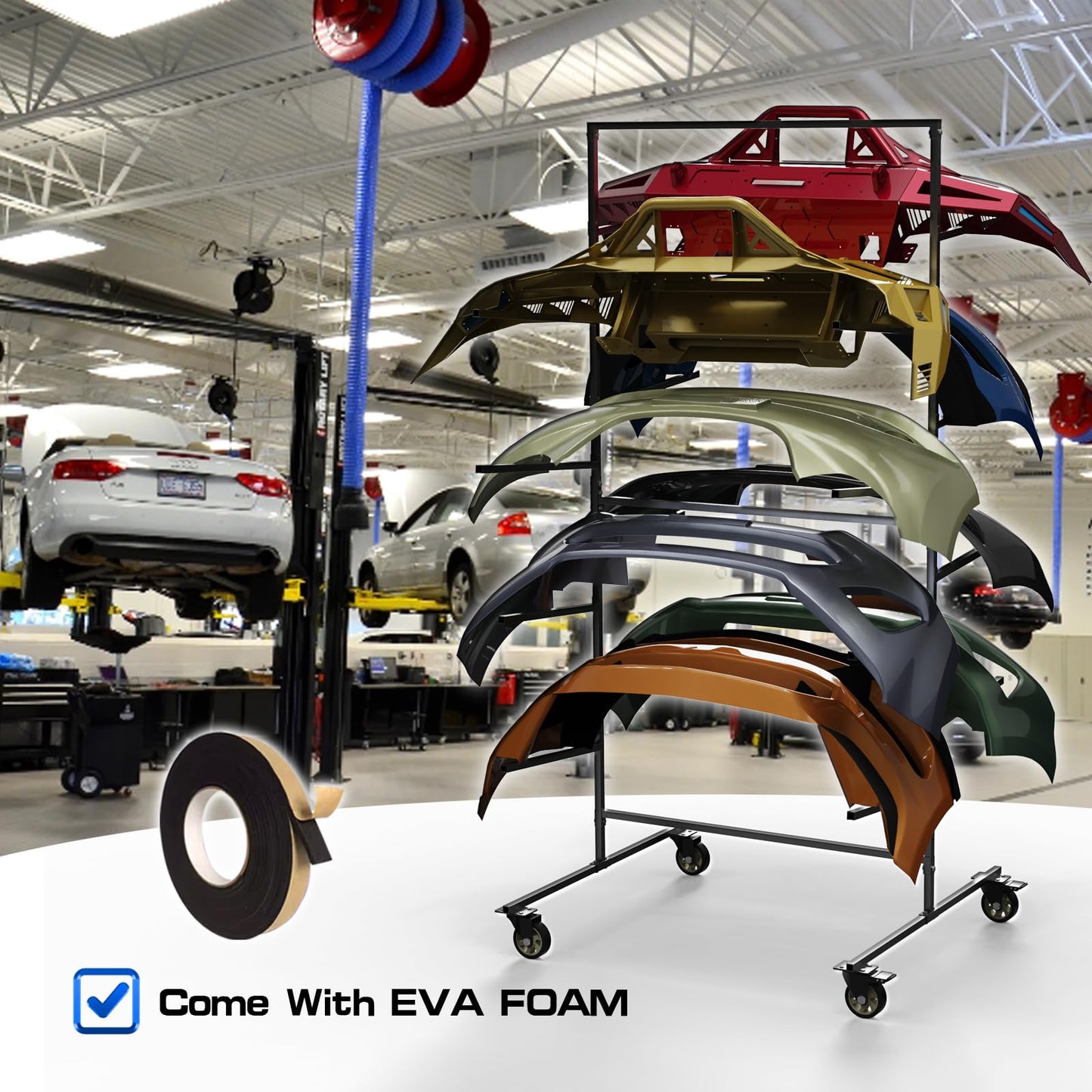 FAUENPEEY Double Sided Bumper Storage Rack With Adjustable Design Maximize Space Utilization 4 Inch Swivel Caster Allow Floor Mobile Smooth Maneuverability