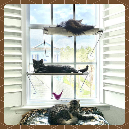 LSAIFATER All Around 360° Sunbath and Lower Support Safety Iron Cat Window Perch, Cat Hammock Window Seat for Any Cats (L, Brown)