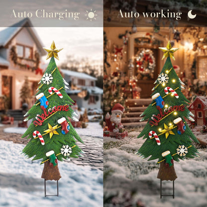 TERESA'S COLLECTIONS Christmas Garden Stake, Metal Outdoor Christmas Tree Decorations for Home, Welcome Sign with Solar Light, Green Waterproof Decoraions for Yard, Party Gifts,31"