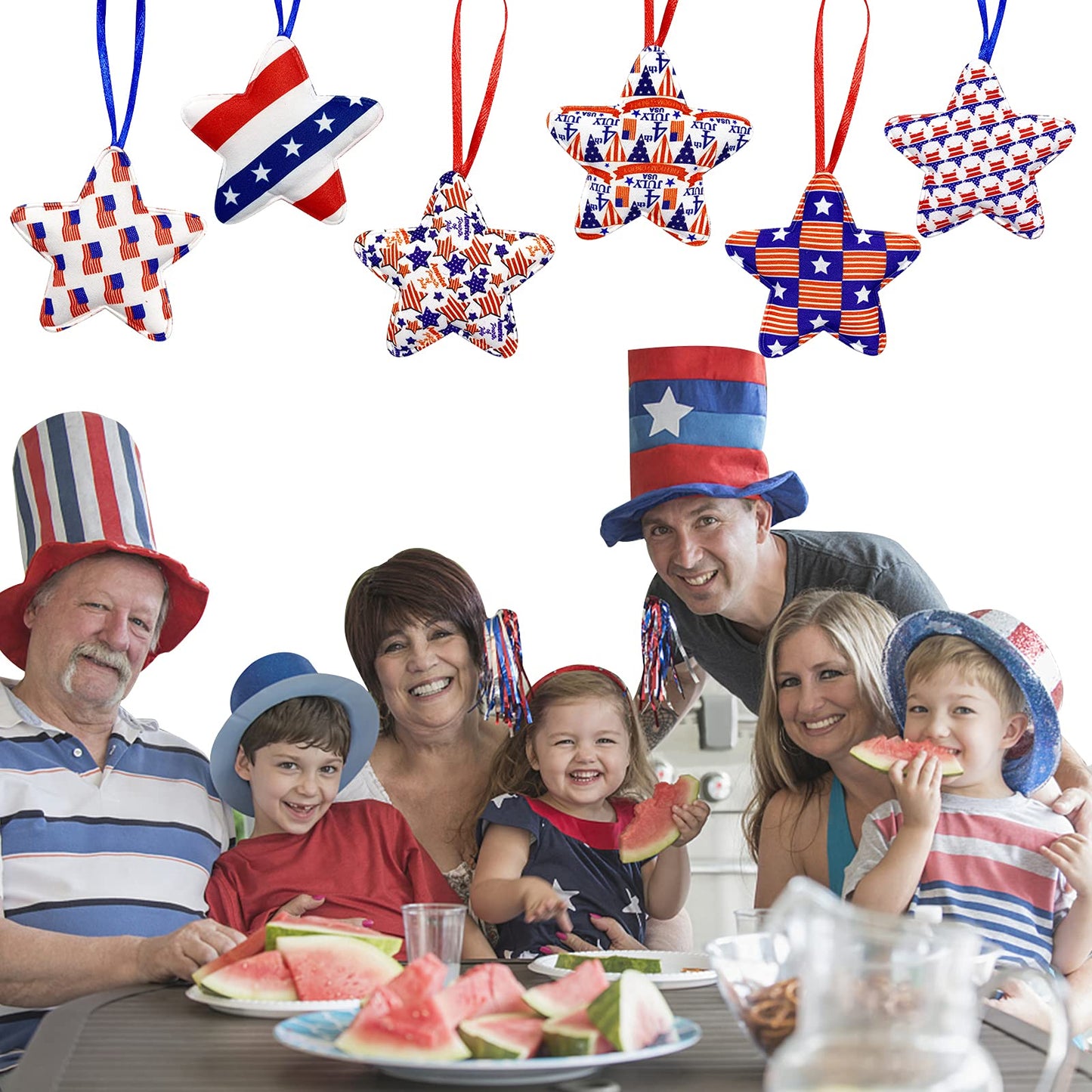 Deloky 30 Pcs 4th of July Decoration Fabric Wrapped Stars, 2.7 x 5.3 Inch Patriotic Ornaments Red White and Blue Stars, Memorial Day Tree Decorations for Independence Day Veterans Day Decor