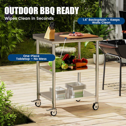 Chingoo Stainless Steel Work Table with Wheels, 24x30 Inch NSF Food Prep Table with Backsplash & 2 Adjustable Undershelves for Commercial Kitchen, Restaurant, Garage