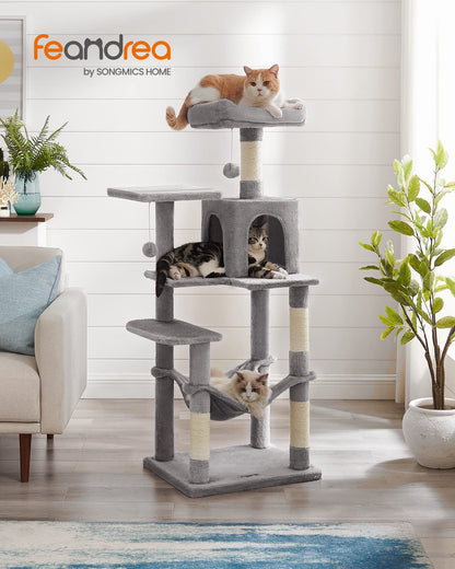 Feandrea Cat Tree, 143 cm Multi-Level Plush Cat Condo with 4 Scratching Posts, 2 Perches, Cave, Hammock, Pompoms, Light Grey