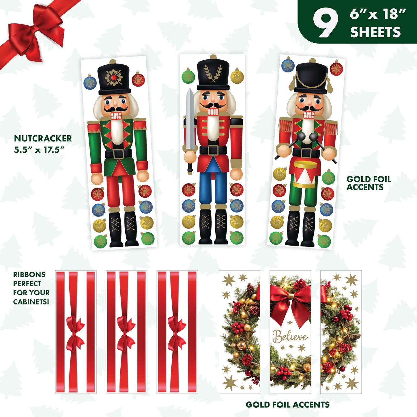 Wall Wear Classic Christmas Decal Kit – 9 Peel & Stick Sheets with Festive Ornaments, red Bows, Nutcracker & Wreaths. Removable, Water-Resistant & Rental-Safe Holiday Wall décor.