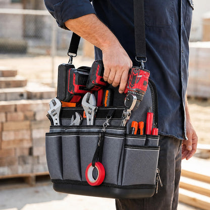 VEVOR Tool Bag, 13.2 Inch, 39-Pocket Open Top Tool Pouch, Portable Electrical Maintenance Toolbox Organizer Storage with Hard Plastic Base, Adjustable Shoulder Strap, for Professionals DIY & Jobsite