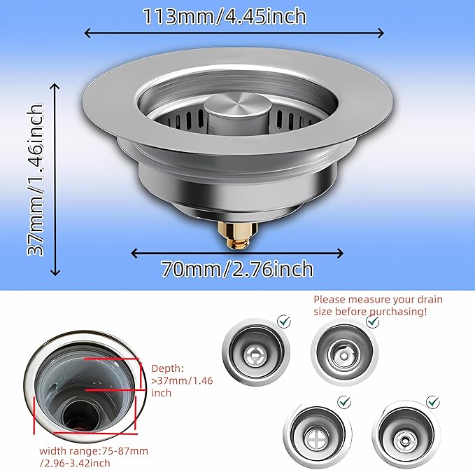 2 Pcs 3 in 1 Kitchen Sink Drain Strainer, Universal Stainless Steel Kitchen