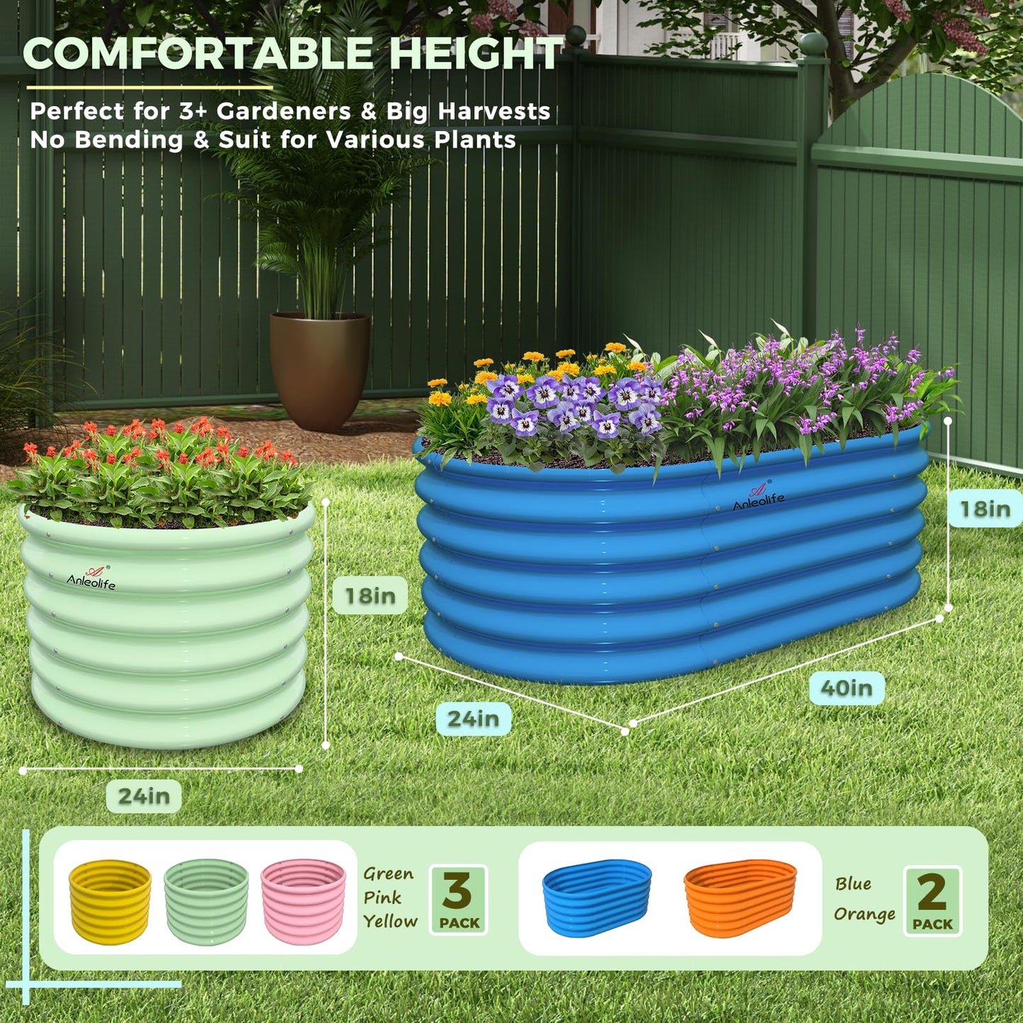 A ANLEOLIFE 5-Pack 18in Tall Kids Mini Raised Garden Beds Outdoor, 40x24in Oval & 24x24in Round Galvanized Metal Planter Box for Planting Vegetables, Flowers, Fruits, Eco-Safe & Easy Setup
