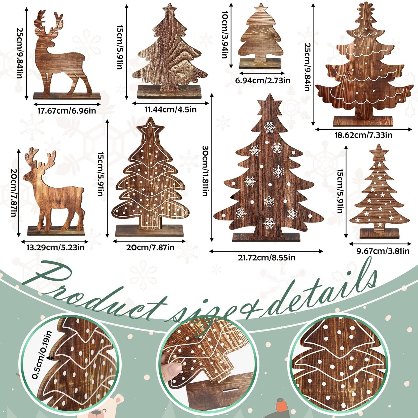 Barydat 8 Pcs Christmas Table Decorations Wooden Christmas Pine Tree Reindeer Table Centerpiece Xmas Winter Tabletop Signs Rustic Farmhouse Decor for Home Office Desk Party Favors (Rustic)