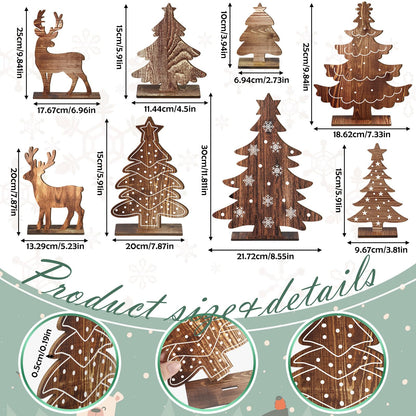 Barydat 8 Pcs Christmas Table Decorations Wooden Christmas Pine Tree Reindeer Table Centerpiece Xmas Winter Tabletop Signs Rustic Farmhouse Decor for Home Office Desk Party Favors (Rustic)