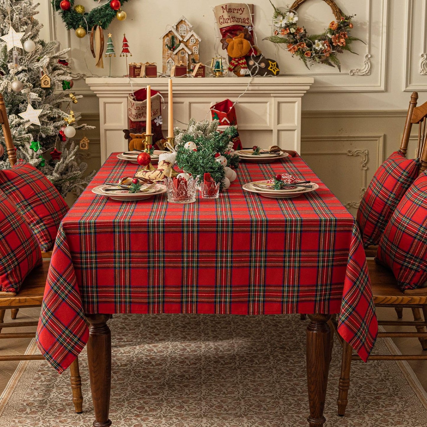 Softalker Christmas Checkered Tablecloth Rectangle - Red Buffalo Plaid Linen Cotton Gingham Xmas Table Cloths, Winter Farmhouse Table Decorations for Dining/Parties/Holiday, 60 x 84 Inch