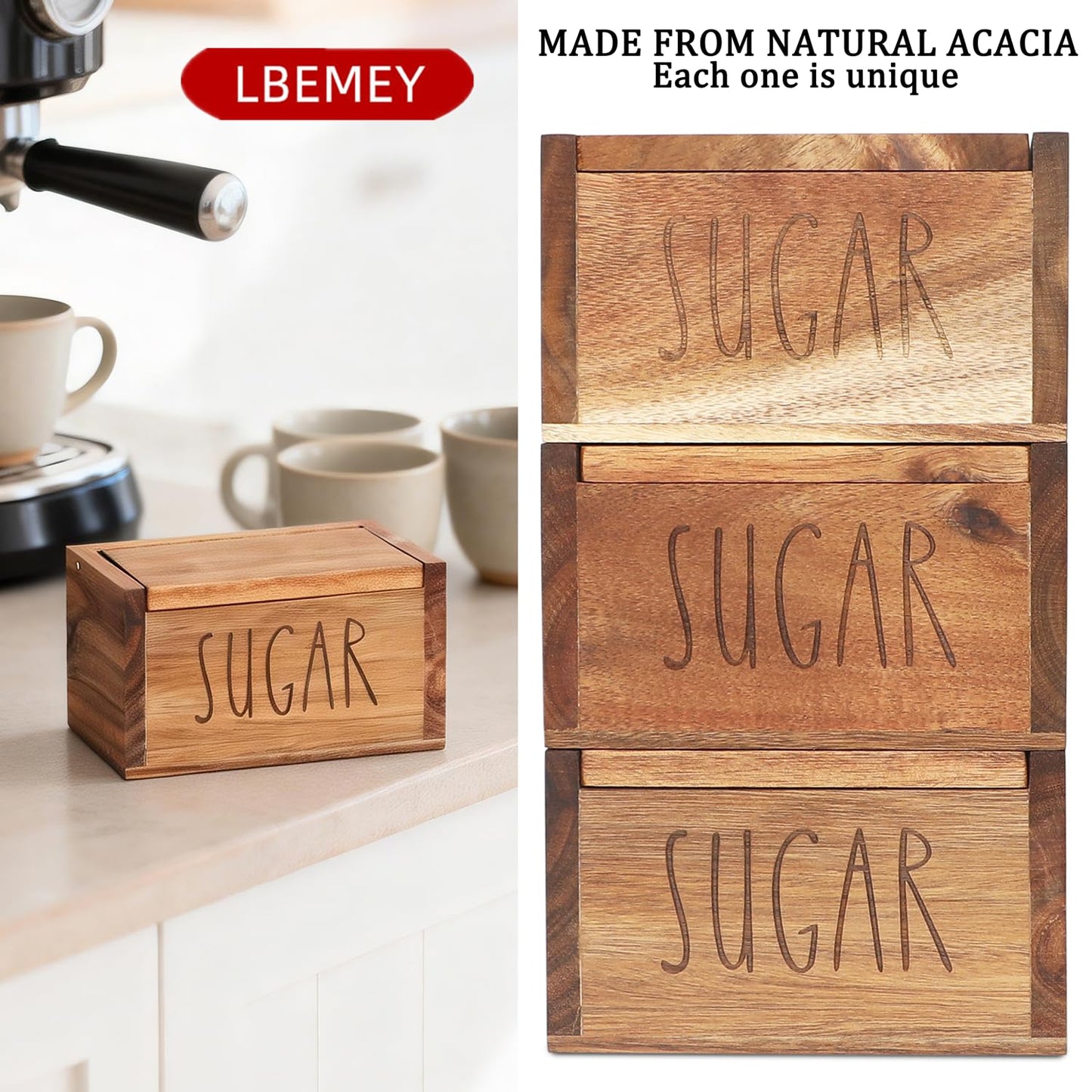 Acacia Wood Spice Box with Lid and Built-in Spoon for Kitchen Countertop, Rectangle Farmhouse Kitchen Decoror for Storing Salt, Peppers, Sugar or Seasonings, Brown (Labeled - “SUGAR”)