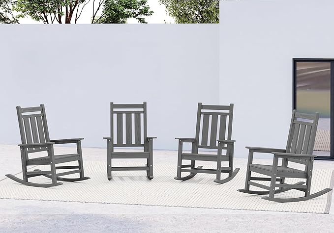 KINGYES Oversized Outdoor Rocking Chair Set of 4, All-Weather Patio Rocking Chairs for Porch, HDPE Outdoor Patio Rockers with High Back & Wide Seat for Garden, Lawn, Gray