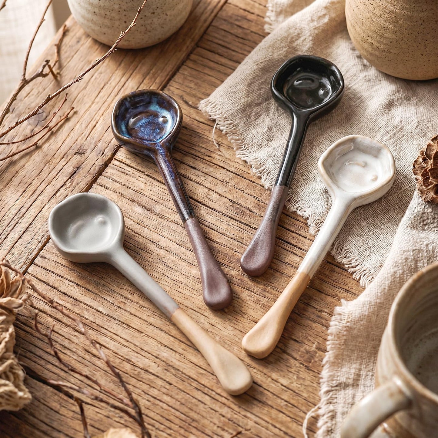 Ferrochef 4 Pack Ceramic Spoon Coffee Soup Whisk Handmade Tea Japanese Spoon Long-handle Vintage Coffee Tea Scoop for Loose Sugar and Spice Dessert (Vintage)