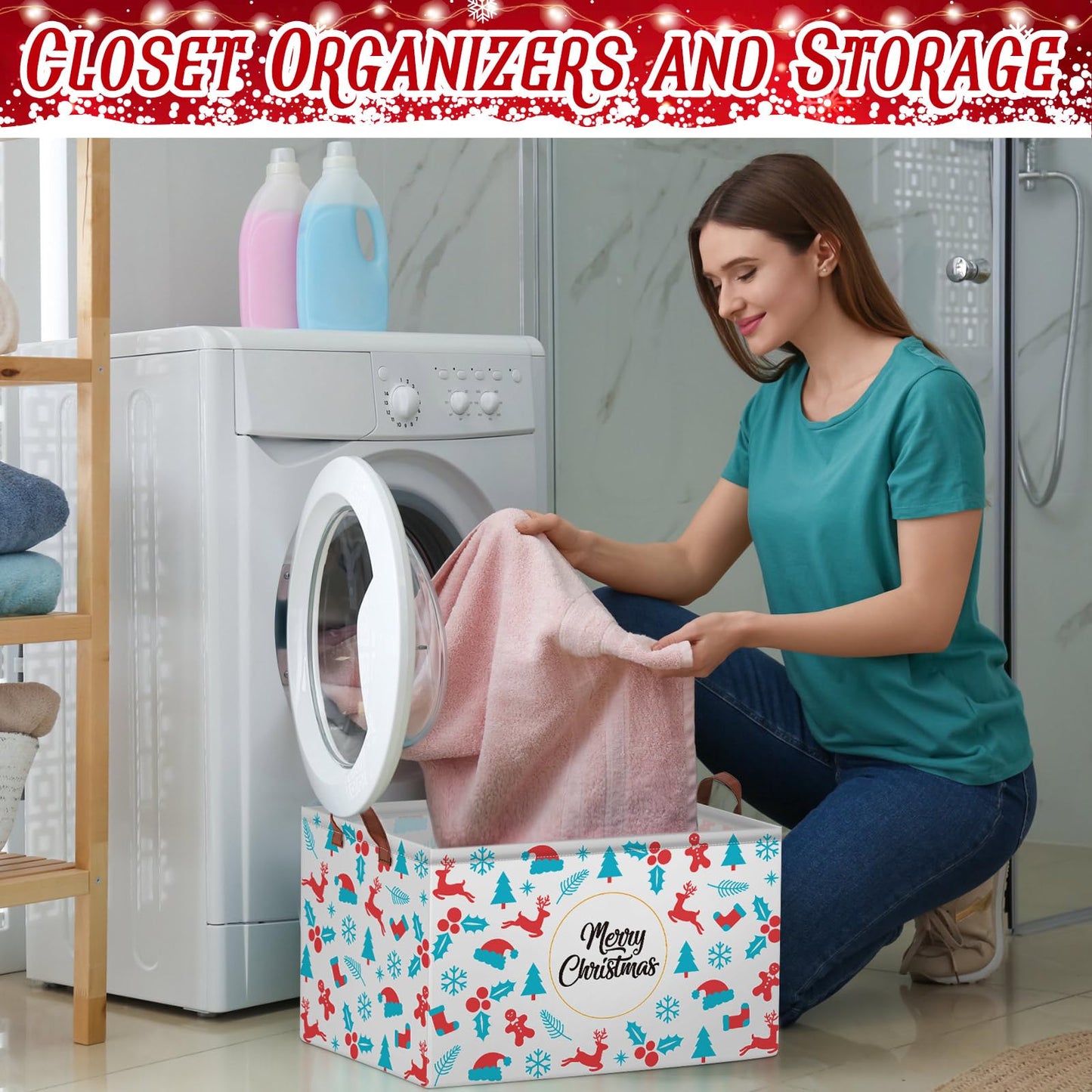 Boao 3 Pack Christmas Storage Baskets for Gifts Empty Collapsible Large Christmas Storage Bins, Xmas Canvas Laundry Basket with Handle for Office Home Bedroom Clothes Toys Holiday Decor