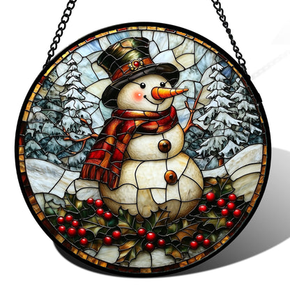 JOSUMALY Stained Glass Window Hanging - Christmas Snowman Suncatcher for Door Terrace Garden Home Decor Winter Forest Snow Sun Catcher Birthday Gifts for Lovers Women Men Dad Mom Nana 15 in