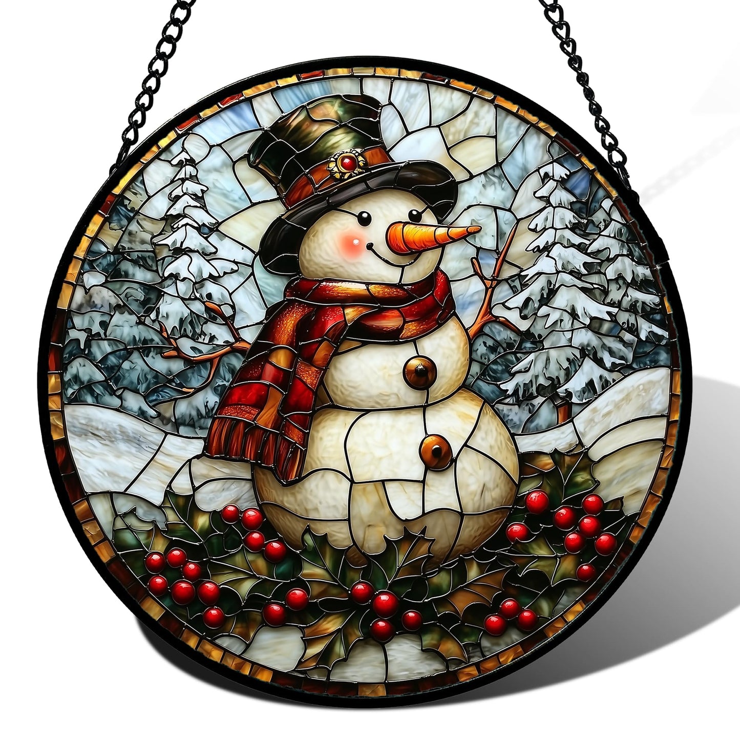 JOSUMALY Stained Glass Window Hanging - Christmas Snowman Suncatcher for Door Terrace Garden Home Decor Winter Forest Snow Sun Catcher Birthday Gifts for Lovers Women Men Dad Mom Nana 15 in