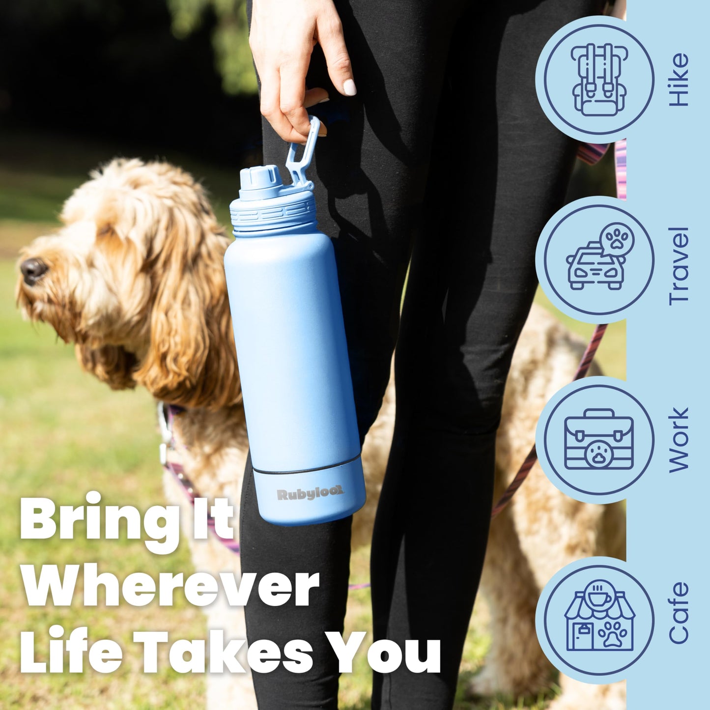 Dog Water Bottle for Dog Lovers - 32 oz Stainless Steel Double Wall Insulated Water Bottle with 8 oz Detachable Bowl on Bottom for Doggy Lovers for Christmas - Dusty Blue