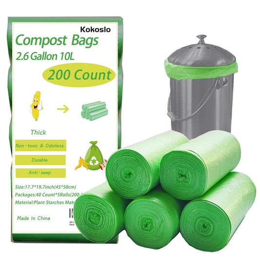 200 Counts 2.6 Gallon 10L Compost Bags, Compostable Trash Bags for Kitchen Compost Bin, Green Compostable Liner Bags for Food Scrap, Garbage Bags for Bedroom, Bathroom, Office