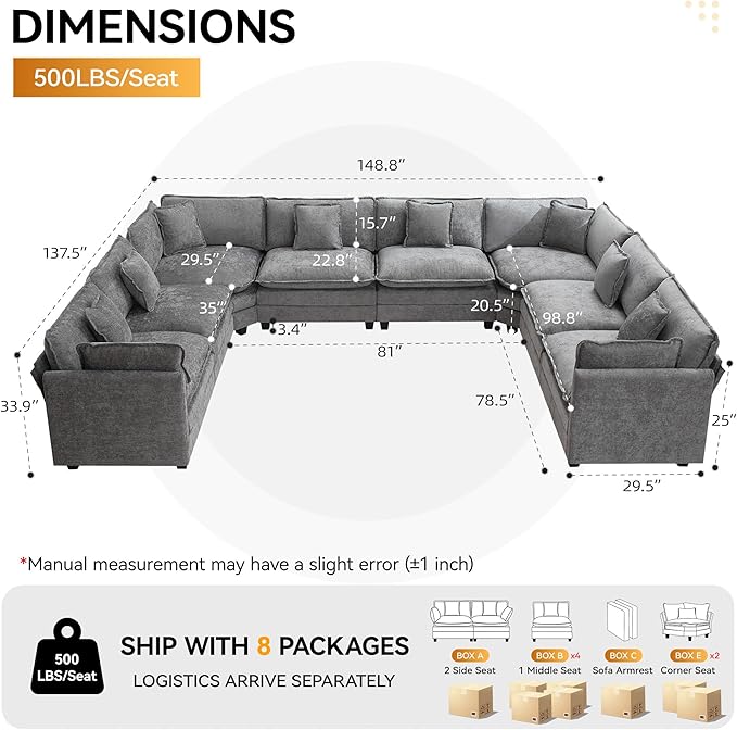 147'' Oversized U Shaped Cloud Sectional Sofa, Chenille Deep Seat Couches