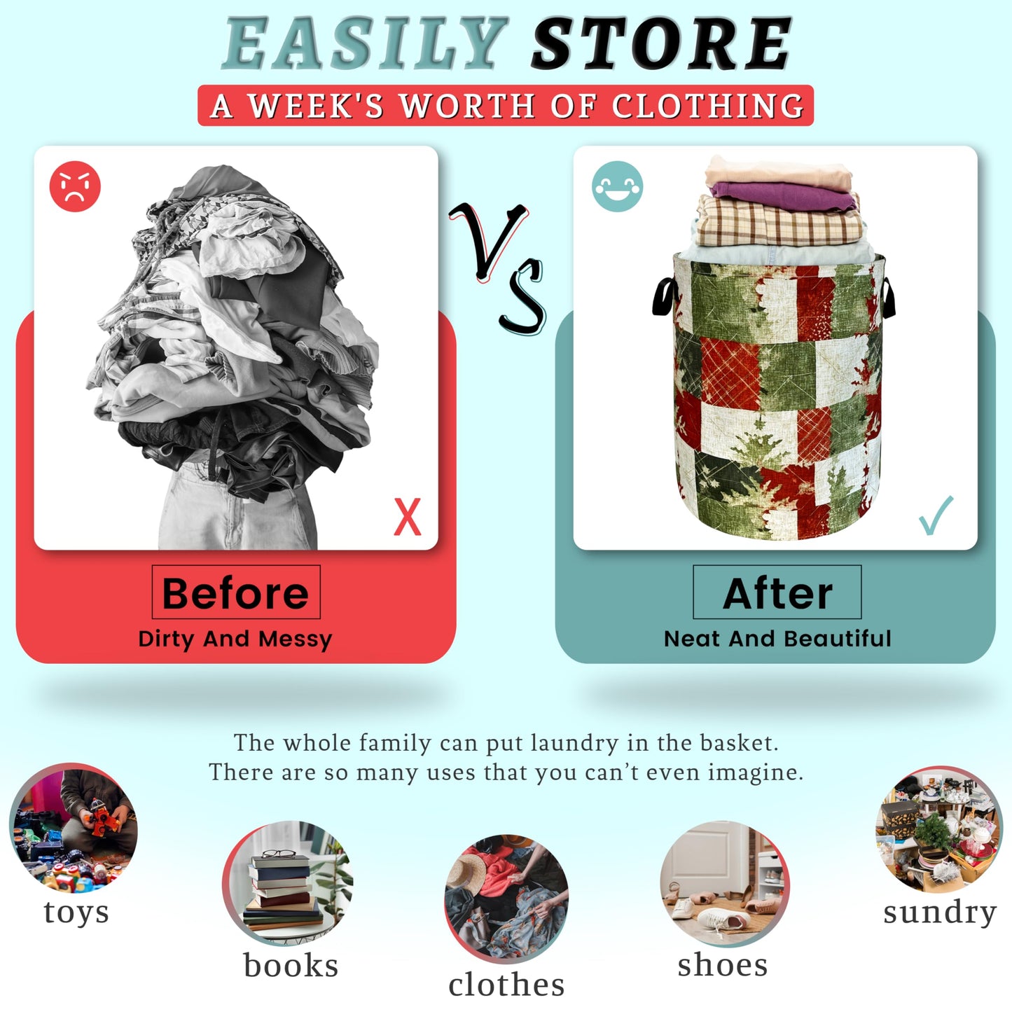 Christmas Laundry Basket Retro Red Green Christmas Tree Print Funny Laundry Hamper Foldable Oxford Cloth Tote Bag Clothe Toy Storage Bucket 18.9"x16.5"For Bathroom/Laundry Storage/Bedroom