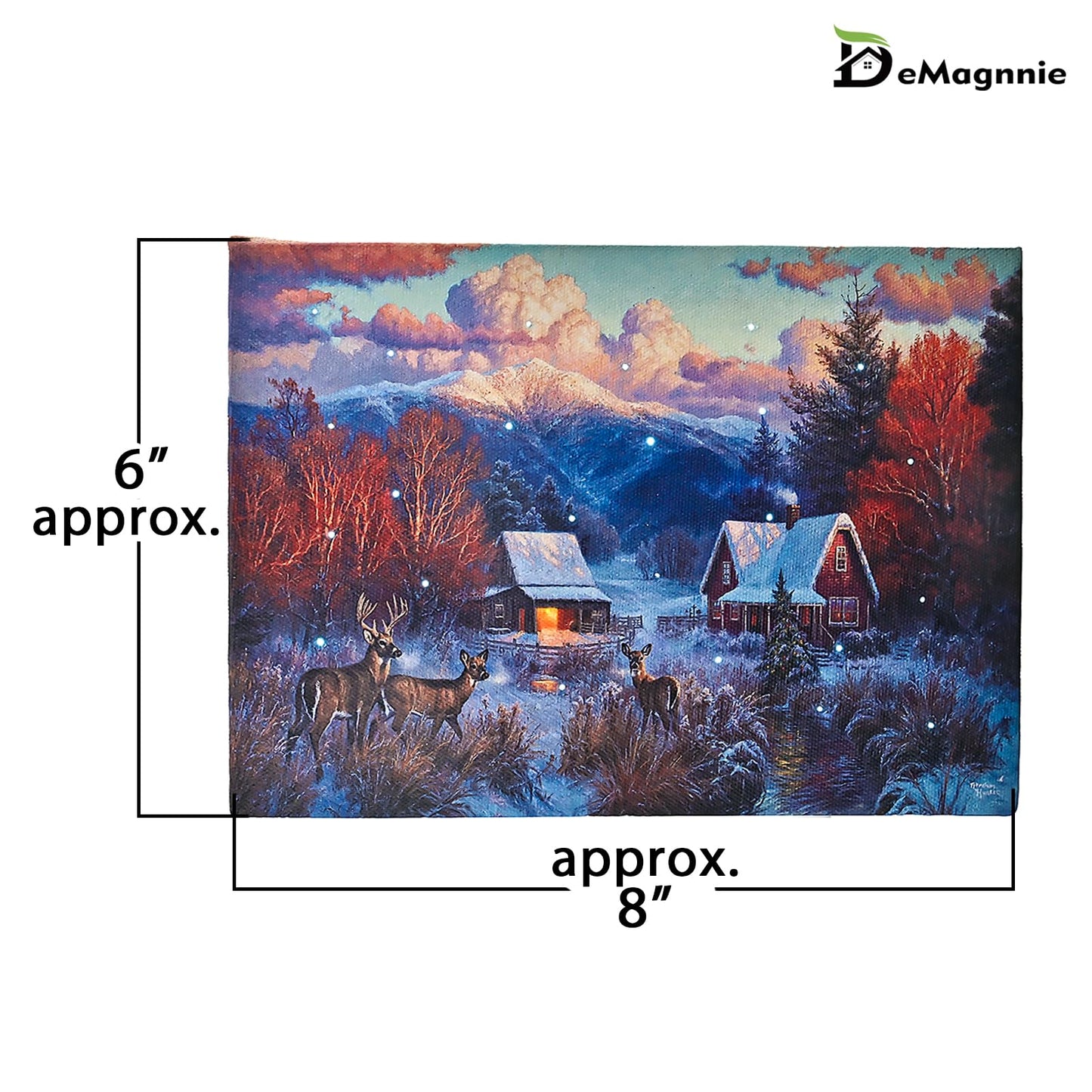 DEMAGNNIE Small Lighted Christmas Wall Art with Timer Twinkling Fiber optic Lights - 6x8in Standing Framed Winter Snowy Scene Canvas Picture Tabletop Decor, Ready to Hang Reindeers Light Up Wall Art