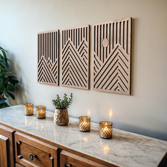 qmmp Modern Wooden Wall Sculptures - Set of 3 - MDF - Oak - Home Decor Accent - Large Wall Art for Living Room, Bedroom, Office - Easy Installation (Oak, Medium - Mountain and Sun, Unframed)