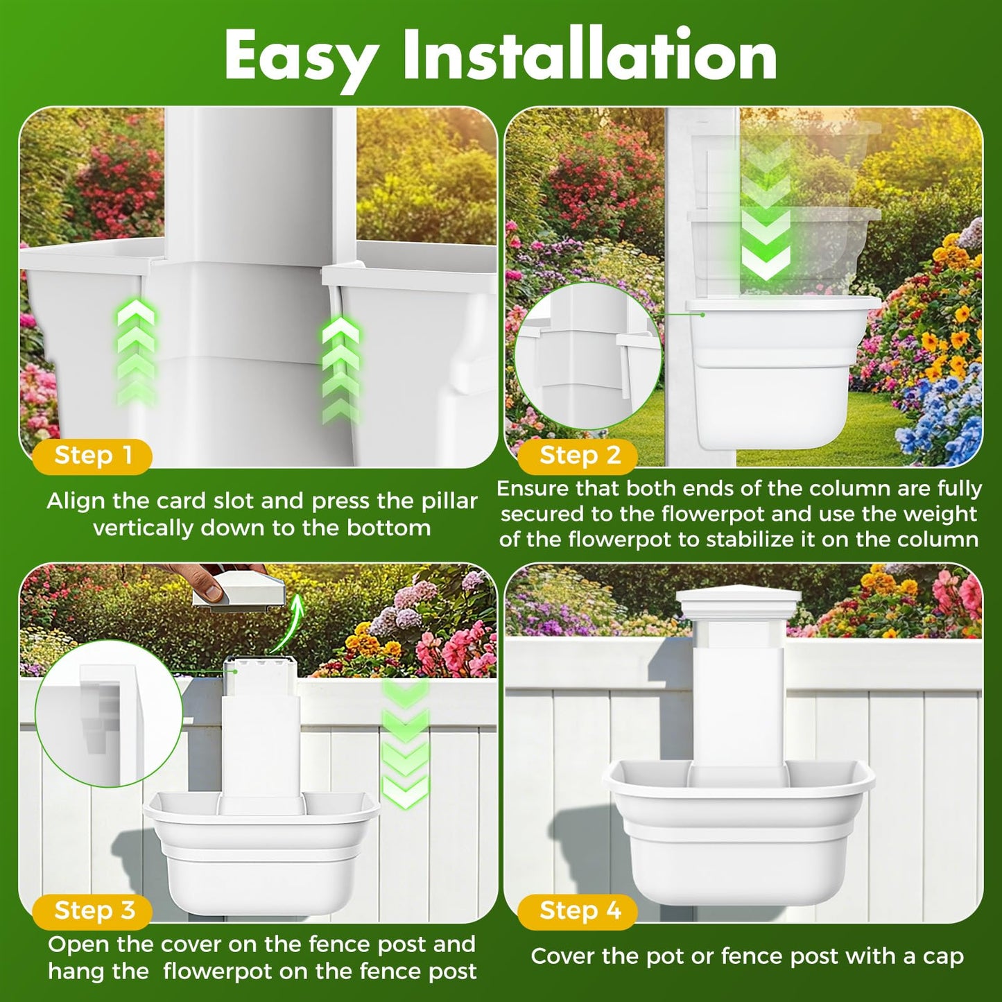 Maixinbuy Hanging Planters for Outdoor Plants - Fence Hanging Planters for PVC Fence, Plant Hangers Hanging Plant Flower Pots White with Post Caps for Garden Yard Decor, Easy Install - 4 Pack