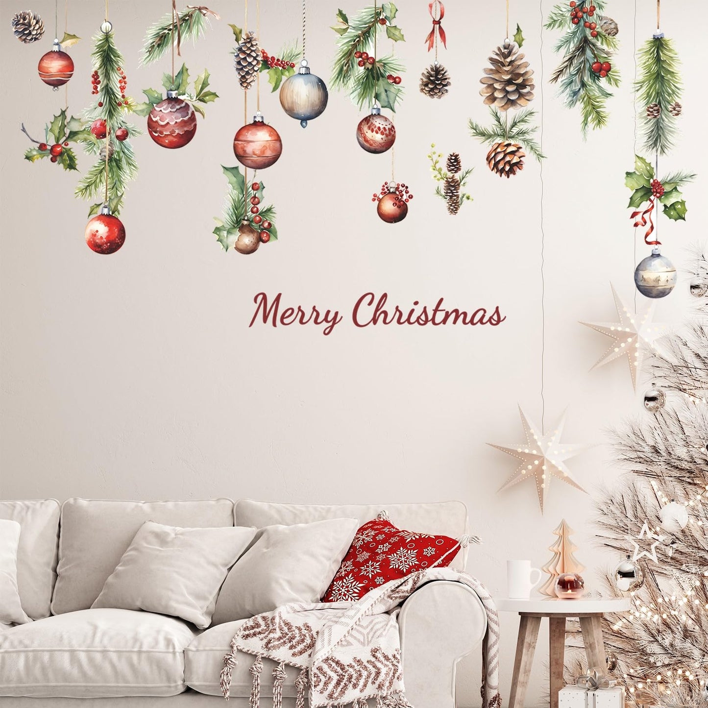 Merry Christmas Wall Decals Pine Cone Snowflake Wall Stickers Christmas Winter Home Wall Art Decor for Kids Room Classroom Office Bedroom Living Room Kitchen Playroom Decor