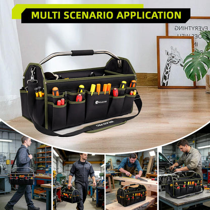 WILAXI PRO 20in Foldable Open Top Tool Bags For Men Heavy Duty, Tool Carrier hard With Handle, Wide Mouth Electrician Tool Tote, Many Pockets Can Hold Many Tool, Green