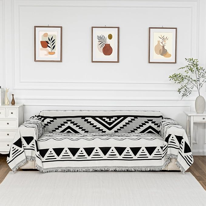 MYSKY HOME Boho Couch Cover for Dogs Washable Black Rhombic Couch Sofa