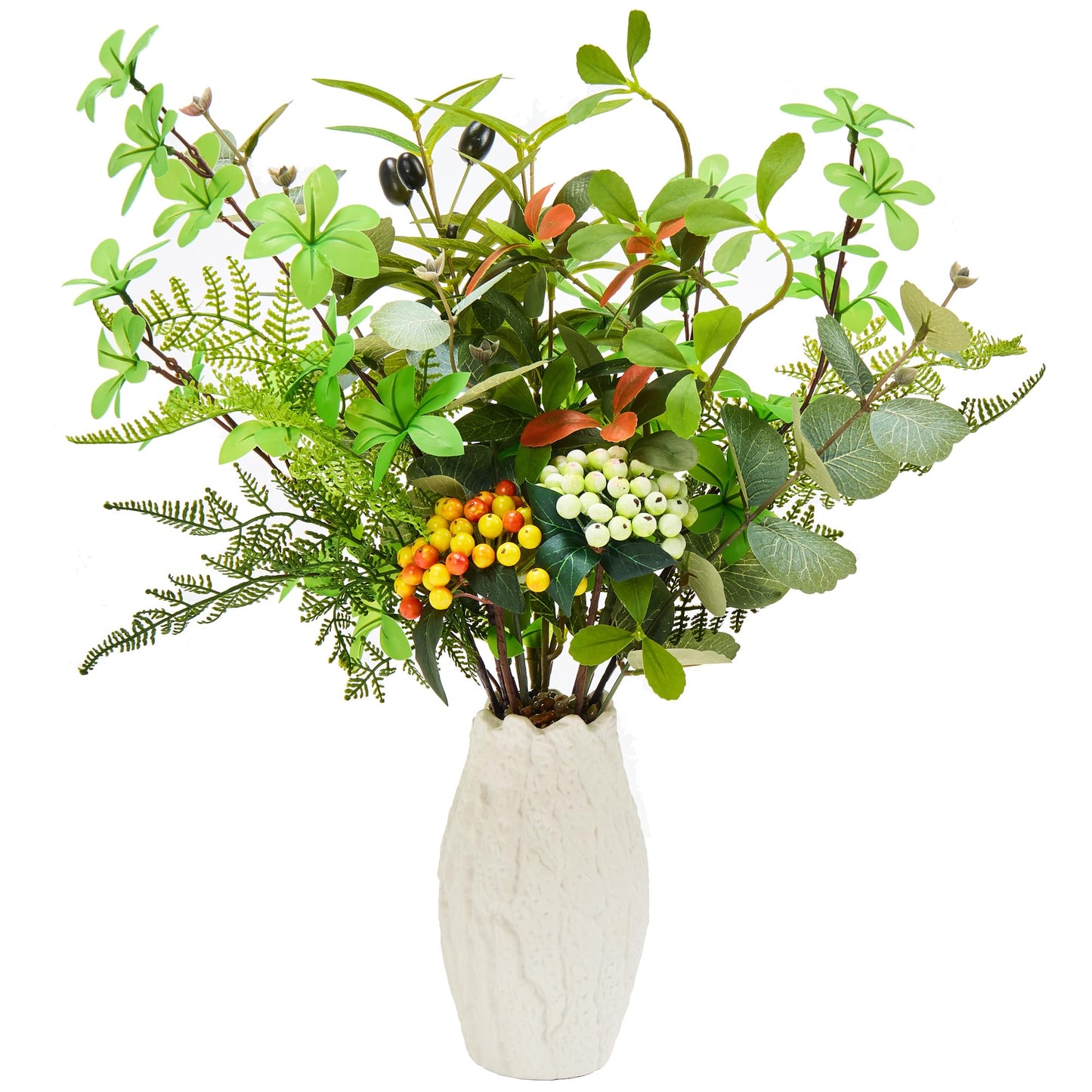 K&Y Realistic Artificial Potted Plants Olive Wild Fern Berry Decor Low Maintenance Faux Greenery Indoor Fake Plants for Home Office Bathroom Kitchen Desk Shelf No Watering Needed (White Vase)