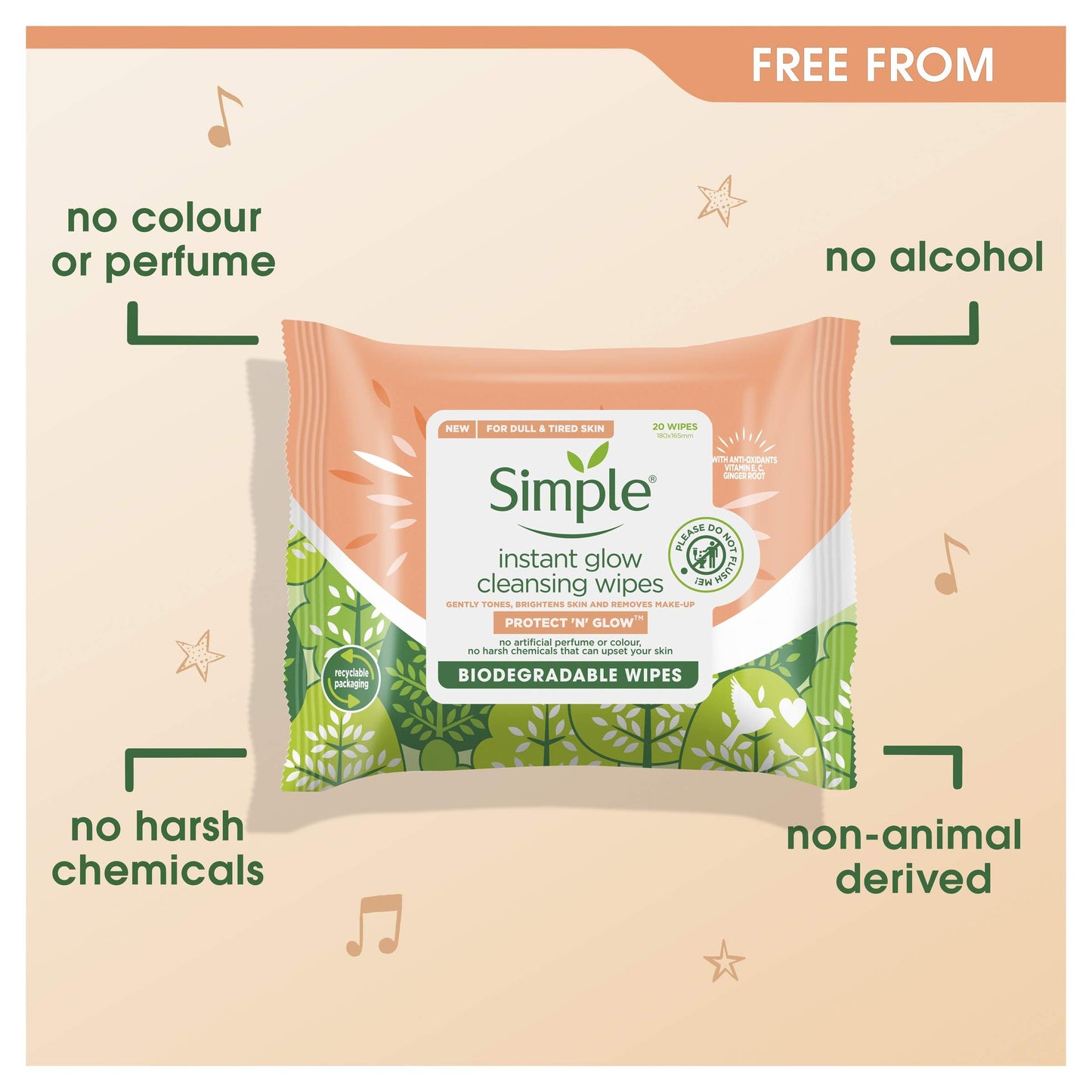 Simple Facial Wipes Protect N Glow Cleansing Bio 20 EA (Pack of 3)