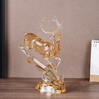 Luxury Acrylic Reindeer Figurine with LED Light for Christmas Decor, Elegant Transparent Crystal-Like Deer Sculpture for Table Shelf Mantel, Reindeer Ornament Holiday Centerpiece (Gold Jumping 11.8")