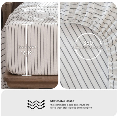 MooMee Fitted Bottom Sheet Only 100% Washed Cotton Linen Like Textured Breathable Durable Soft Comfy Deep Pocket Fits Mattress up to 17" (White Dark Grey Wide Stripes, Queen)