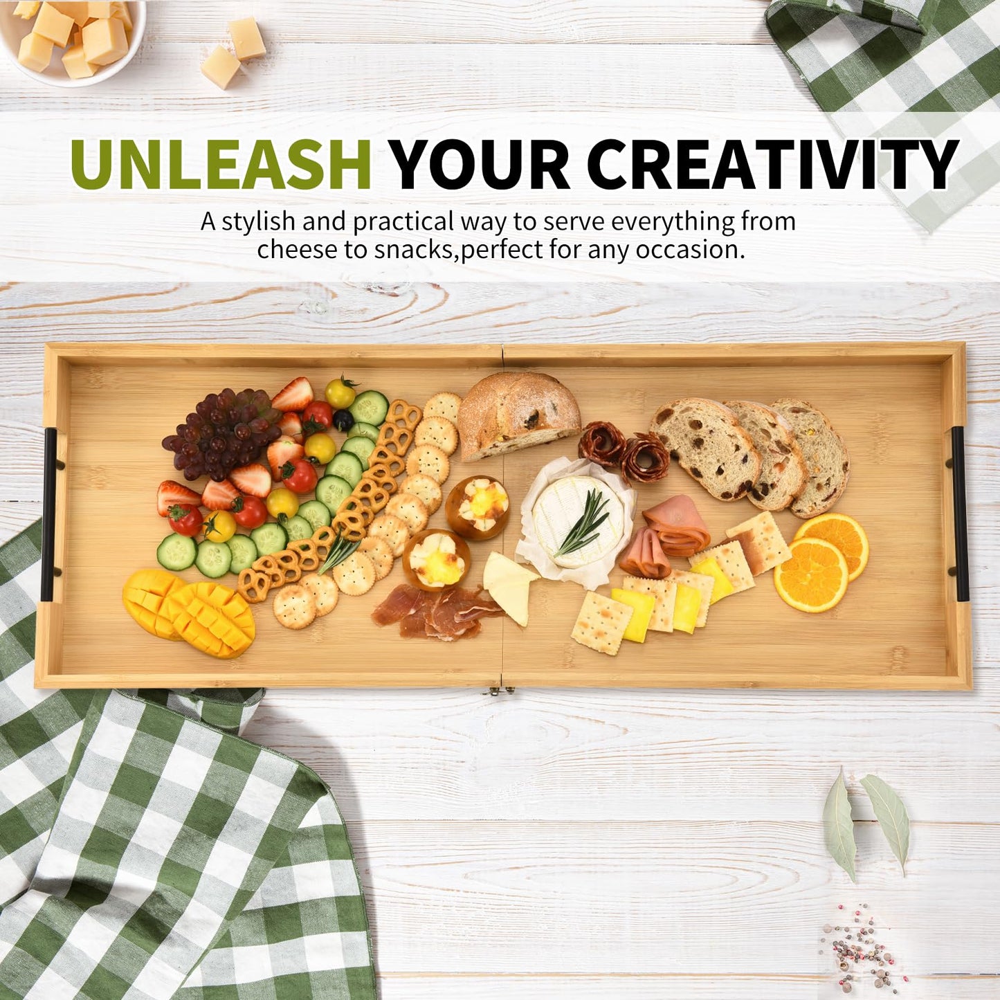 GLOKUUCA Large Charcuterie Board with Handles, 32 x 12 Inch Foldable Bamboo Serving Cheese Boards - Serving Platter for Meat, Party Appetizers, Outdoor & Fruit