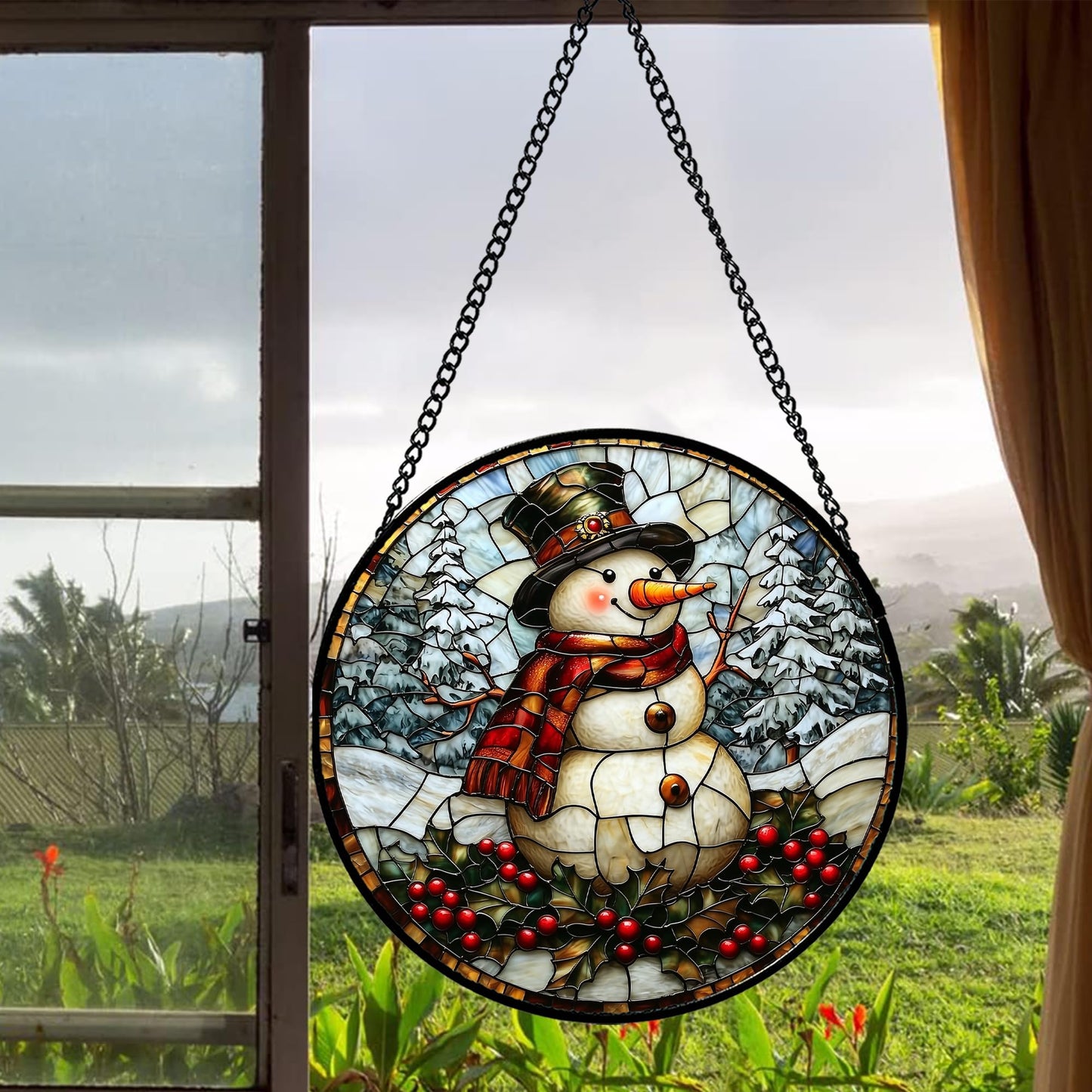 JOSUMALY Stained Glass Window Hanging - Christmas Snowman Suncatcher for Door Terrace Garden Home Decor Winter Forest Snow Sun Catcher Birthday Gifts for Lovers Women Men Dad Mom Nana 15 in