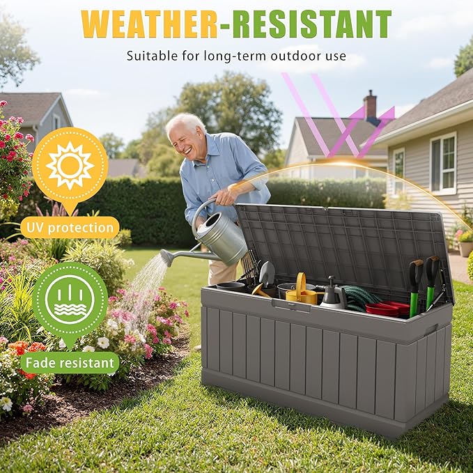 Greesum Outdoor Storage Box 82 Gallon Storage Bin with Lid for Patio Furniture, Garden Tools, Pool Supplies, Waterproof and UV Resistant, Lockable, Coffee