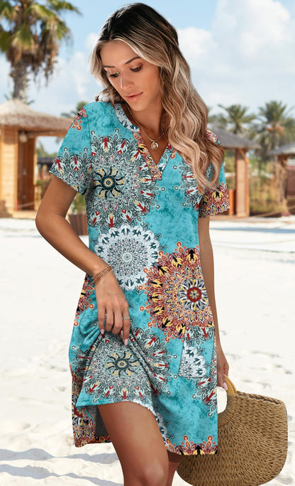 WIHOLL Dresses for Women 2025 Casual Summer V Neck Wedding Guest Dress Short Sleeve Fashion Beach Vacation Clothes