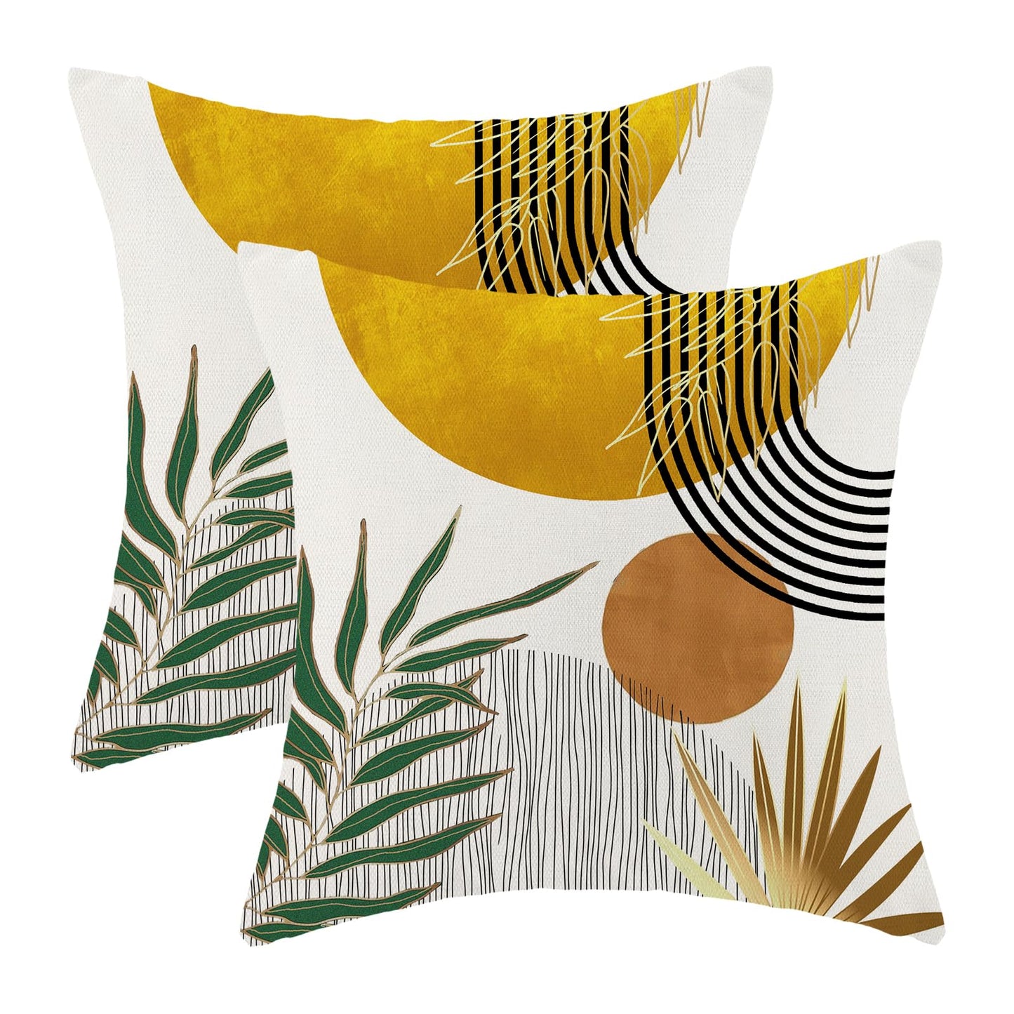 Boho Pillow Covers 18x18 Inch 2 Pcs,Mustard Yellow Green Tropical Leaf Summer Outdoor Decorative Throw Pillows,Mid Century Abstract Farmhouse Decor Pillowcase Linen Cushion Cover for Couch Sofa