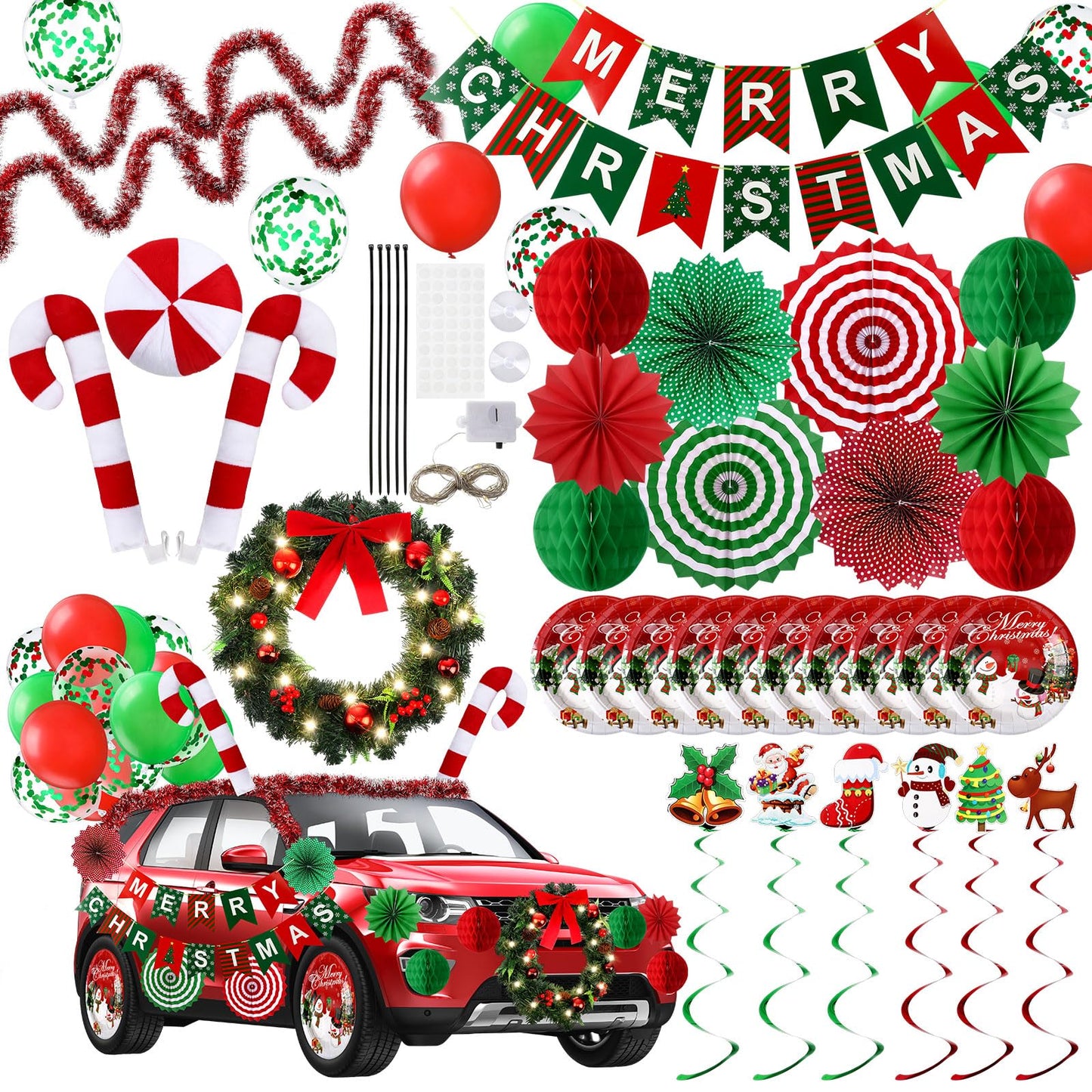 Suncalla 47 Pcs Christmas Parade Golf Cart Decoration Kit with LED Xmas Car Wreath Bow String Candy Canes Merry Christmas Banner Fans Balloons Tinsel Hanging Swirl Garland for Truck Vehicle