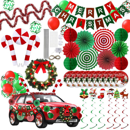 Suncalla 47 Pcs Christmas Parade Golf Cart Decoration Kit with LED Xmas Car Wreath Bow String Candy Canes Merry Christmas Banner Fans Balloons Tinsel Hanging Swirl Garland for Truck Vehicle