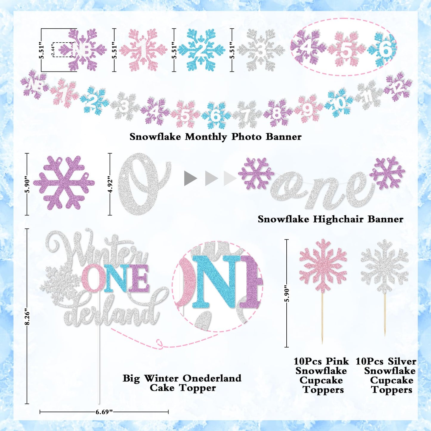 Winter Onederland 1st Birthday Decorations Girl, Winter Onederland Banner, Snowflake Photo Garland Highchair Banner Snowflake Balloon Arch Garland for Winter First Birthday Baby Shower Party Supplies