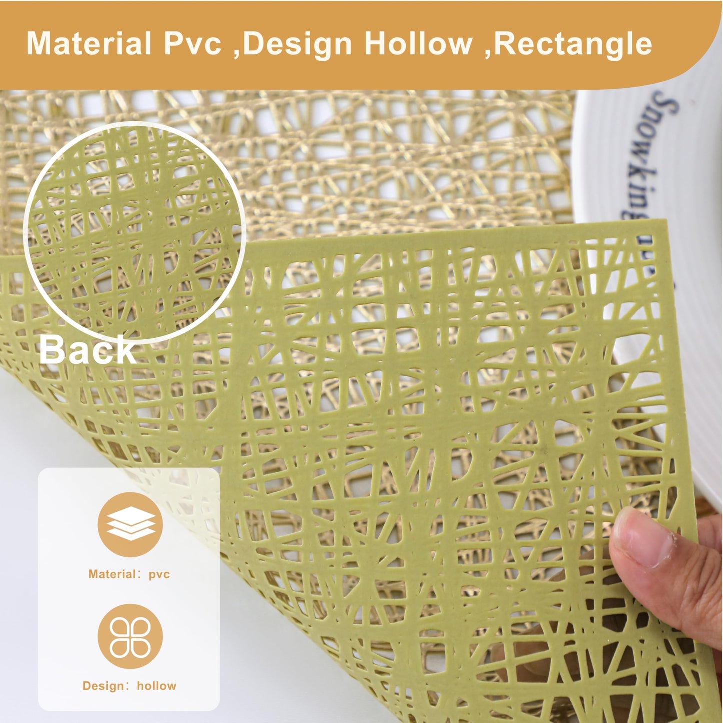 Snowkingdom Gold Placemats Set of 4, Golden Vinyl Rectangle Metallic Wipeable Place mats, Washable Easy Clean Non Slip Stain Resistant Hollow Kitchen Dining Table Mats for Wedding Party Decoration